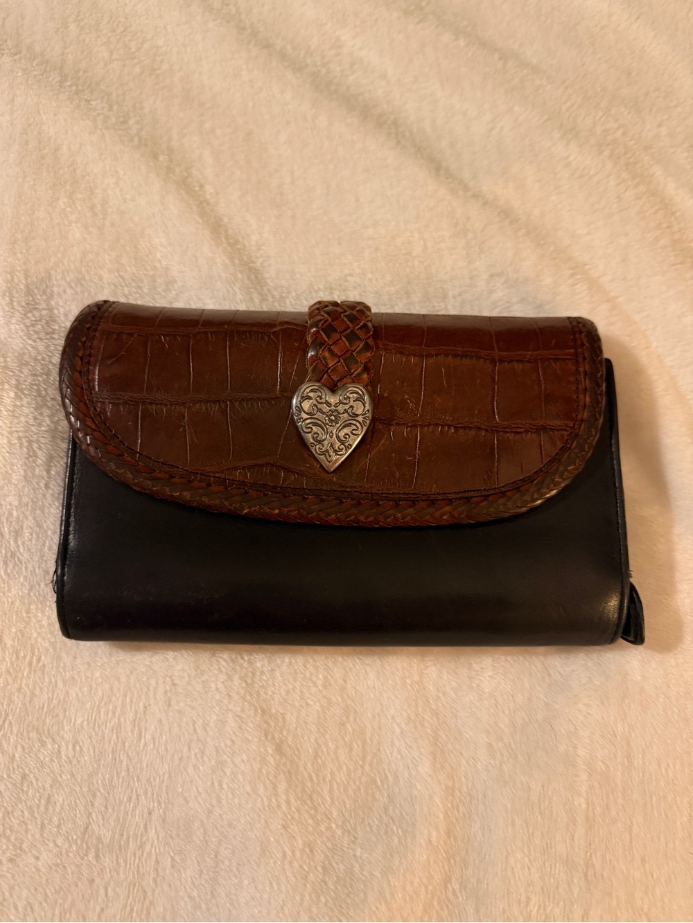 Brighton Women's Two-Tone Brown and Black Leather Wallet w/ Silver Heart.